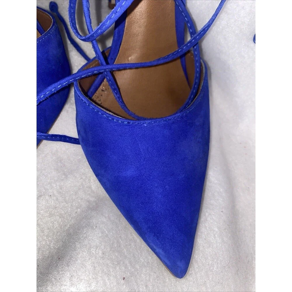 Steve Madden lace up leg heels shoes Raela Blue Suede Leather Point Womens 9M